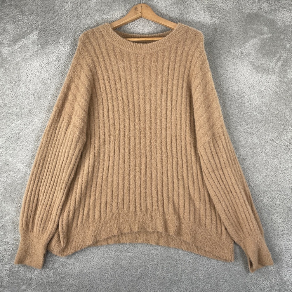 Aerie Sweater Womens Medium Tan Ribbed Eyelash Knit Oversized Pullover Slouchy